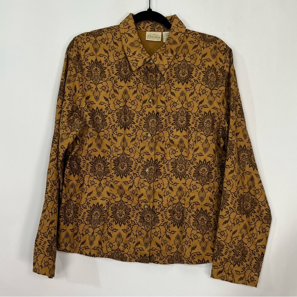 St John’s Bay Brown Floral Western Button Up Shirt Suede Like Material Sz Medium